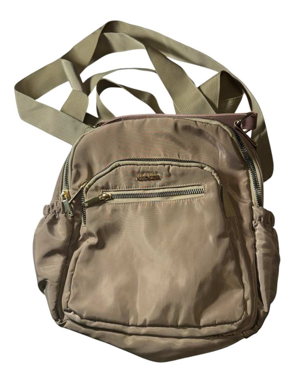 Kedzie Tan Taupe Gold Nylon Crossbody Backpack with Front Zip Pocket